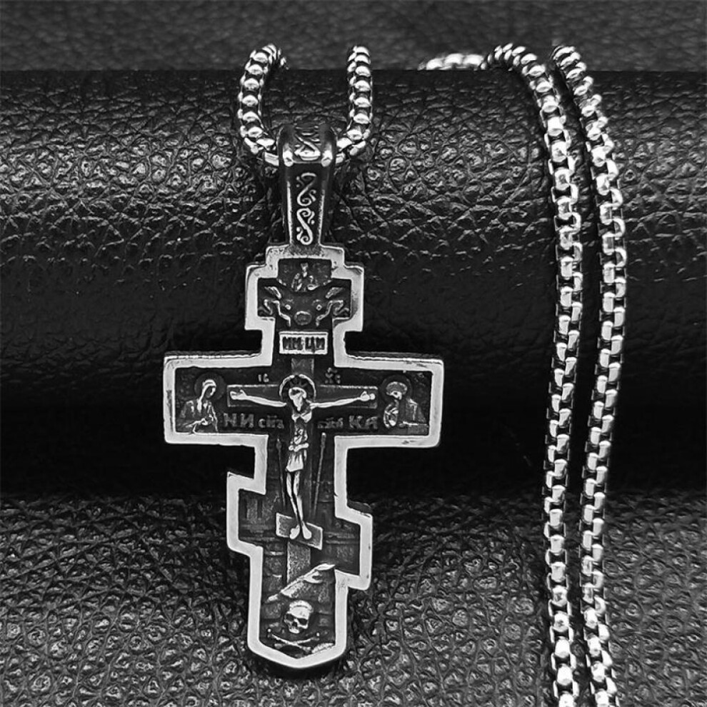 Orthodox Icon Cross Statue Crucifix Pendant Necklace Stainless Steel Grunge Male Chain Necklaces Jewelry