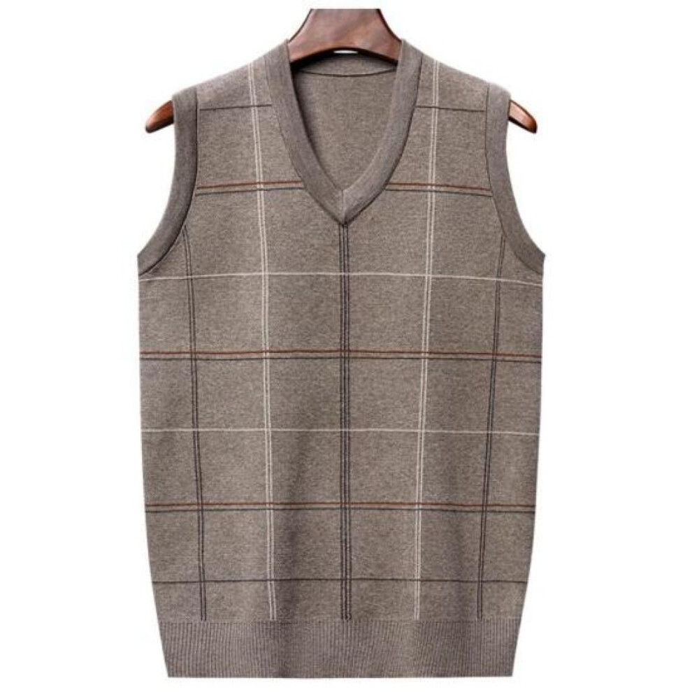 (khaki, 3XL) Men Fall Spring Sweater Vest Knitted Loose Pullover V Neck Plaid Print Elastic Soft Warm Mid-aged Father Grandfather Sweater Vest