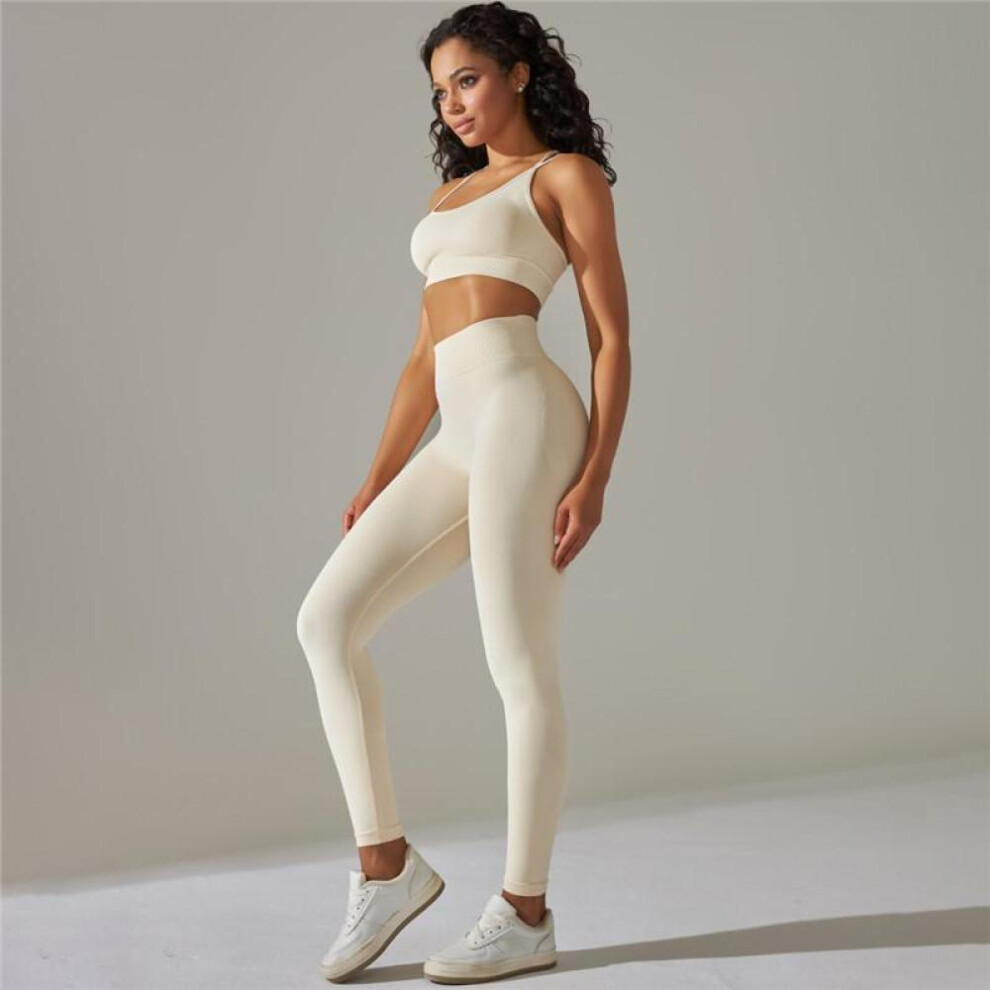 (beige, M) Nessaj Seamless Yoga Set Women Sportswear Fitness Suits Gym Leggings Beauty Back Sports Bra Workout Clothes