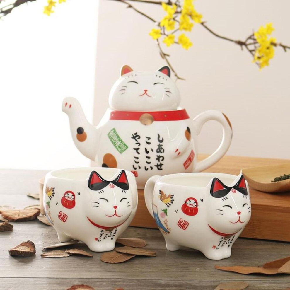(1 pot 2 cups) Cute Japanese Lucky Cat Porcelain Tea Set Creative Maneki Neko Ceramic Tea Cup Kettle With Strainer Office Teapot Water Mug