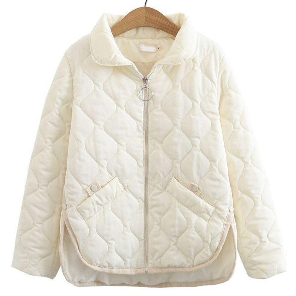 (beige, L) Plus Size Women&apos;s Clothing Autumn/winter Lapel Coat Solid Color Long-sleeved Jacket Wavy Quilted Lines Large Size Short Coat