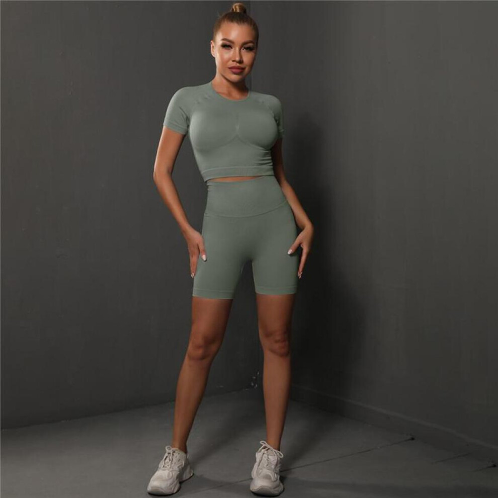 (grey, L) Auroth Slim Yoga Set Quick Dry Women Sportwear Gym Sports Short Sleeve High Waist Shorts Fitness Outfit