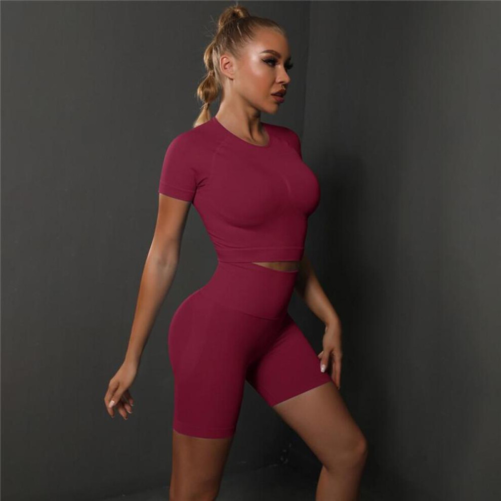 (wine red, S) Auroth Slim Yoga Set Quick Dry Women Sportwear Gym Sports Short Sleeve High Waist Shorts Fitness Outfit