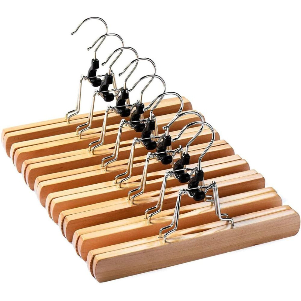 High-Grade Wooden Pants Hangers with Clips 10 Pack Non Slip Skirt Hangers, Smooth Finish Solid Wood Jeans/Slack Hanger with 360 Swivel Hook