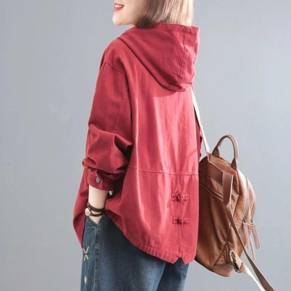 (red, M) Hooded Denim Jacket Women's Casual Clothing  Spring Autumn  Loose Fit Cropped Work Jacket