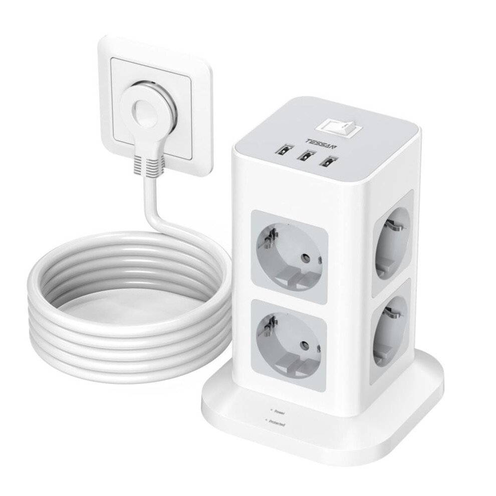 (gray, 8 Outlets &3 USB Ports) Tessan Multi-socket Surge Protector,8 Way Multiple Socket With 3 Usb, Extension Cable Flat Connector 2 M