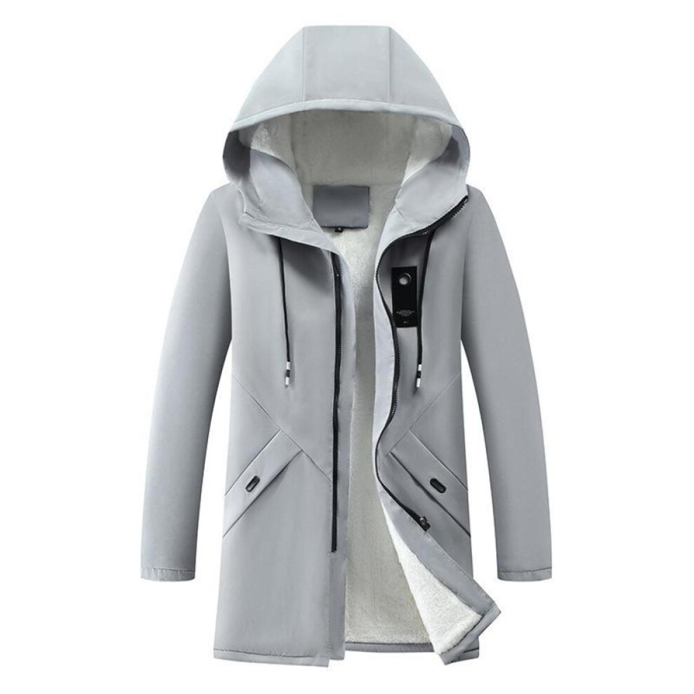 (grey, XXL) Large Size Men&apos;s Autumn And Winter Long Windbreaker Coat Hooded Thicken Warm Fleece Coat
