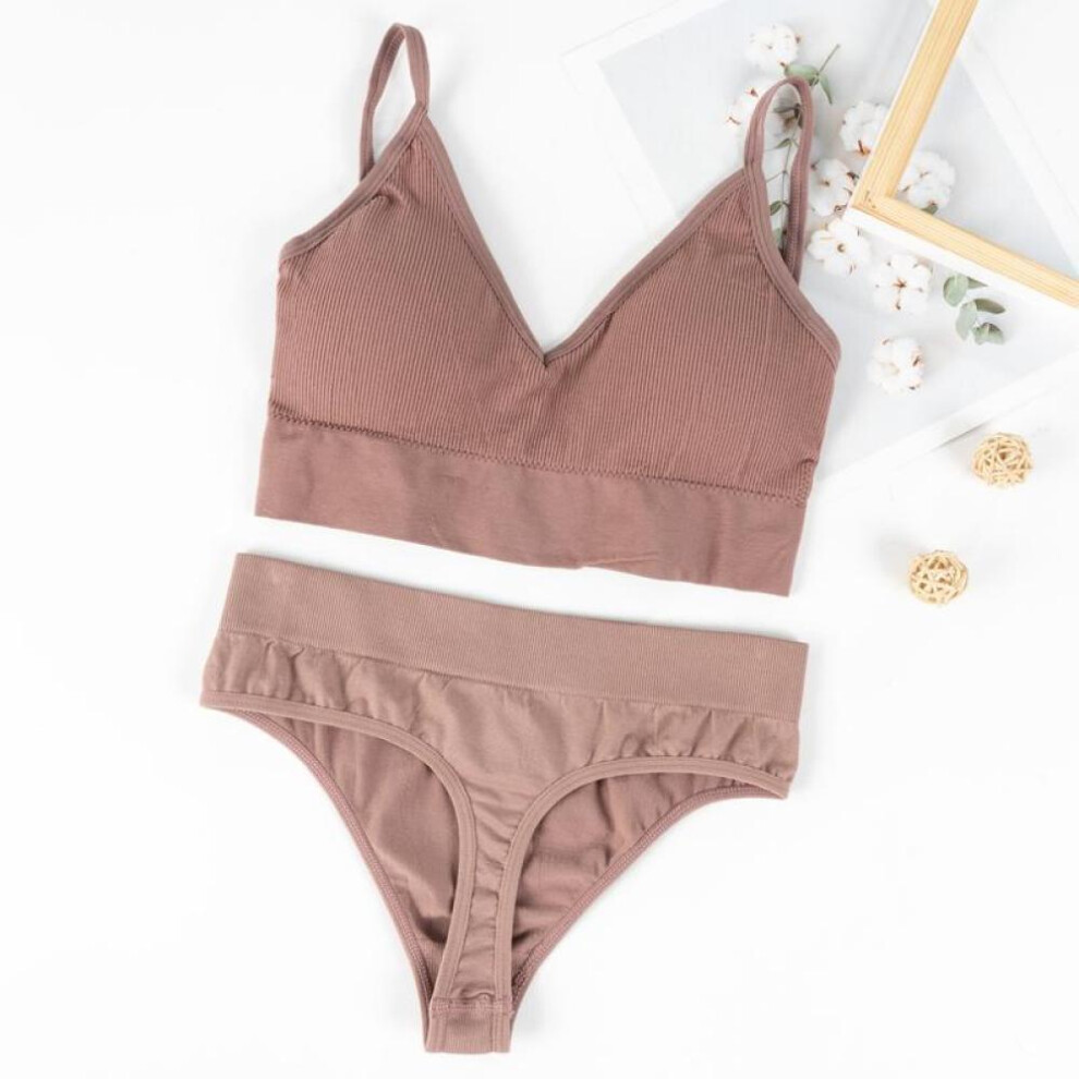 (light coffee, XXL) Women Sexy Lingerie Set Solid Color Fashion Crop Top Yoga Bra And Pantiestwo Piece Underwear Bikini Set