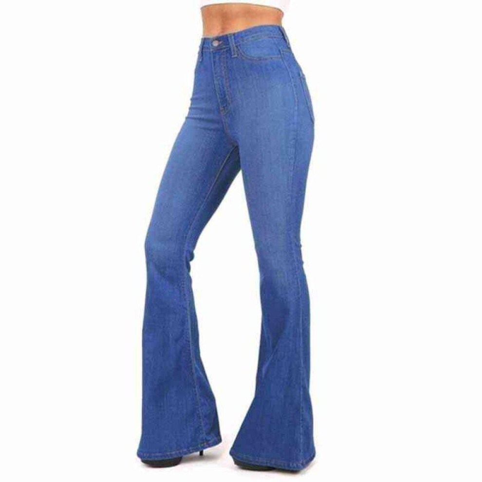 (blue, L) Women Fashion Vintage Juniors Bell Bottom Pants High Waist Fitted Denim Jeans Pencil Pants