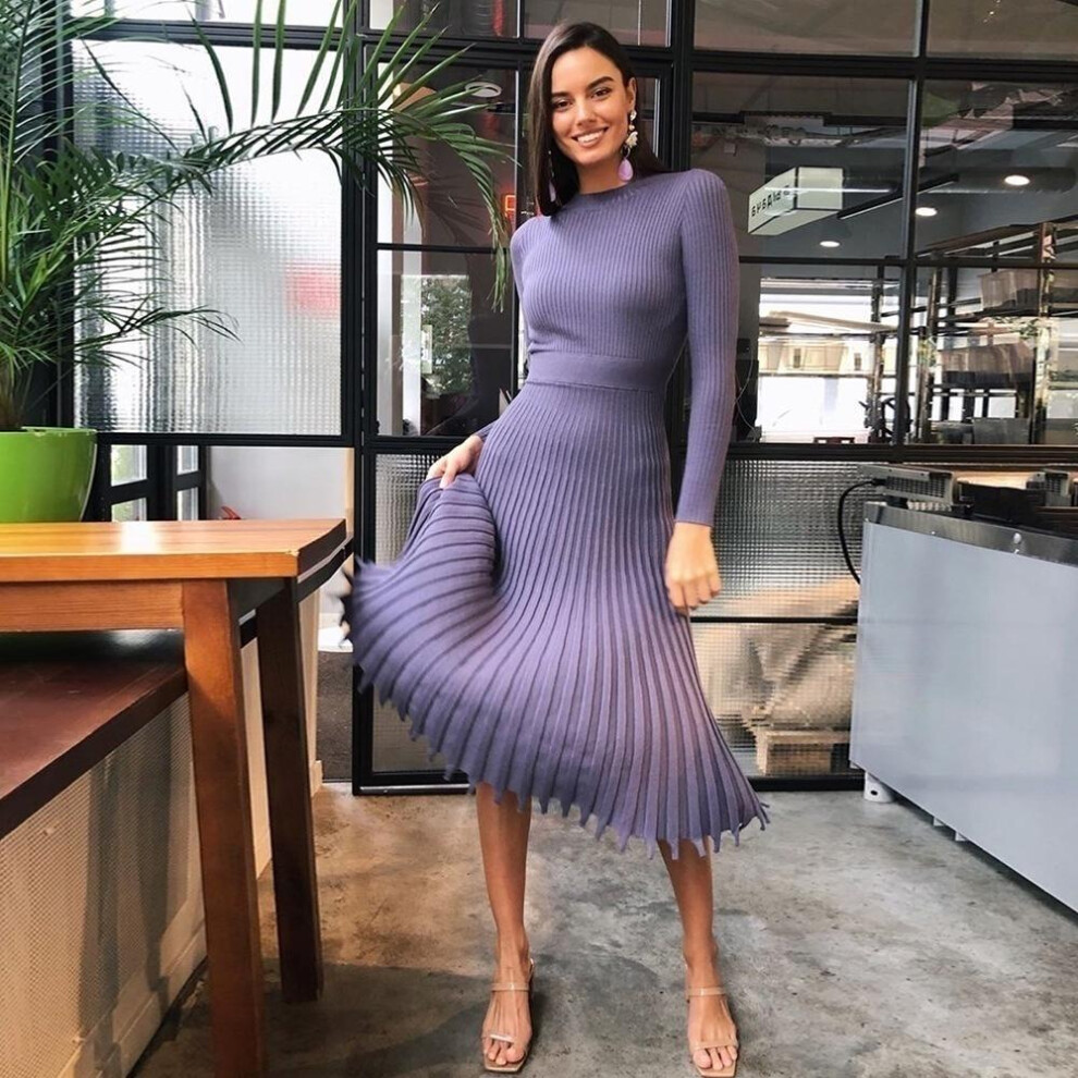 (purple, S) Elegant Party Pleated Sweater Dress Women Winter Autumn Office Ladies Midi Knitted Slim Dresses