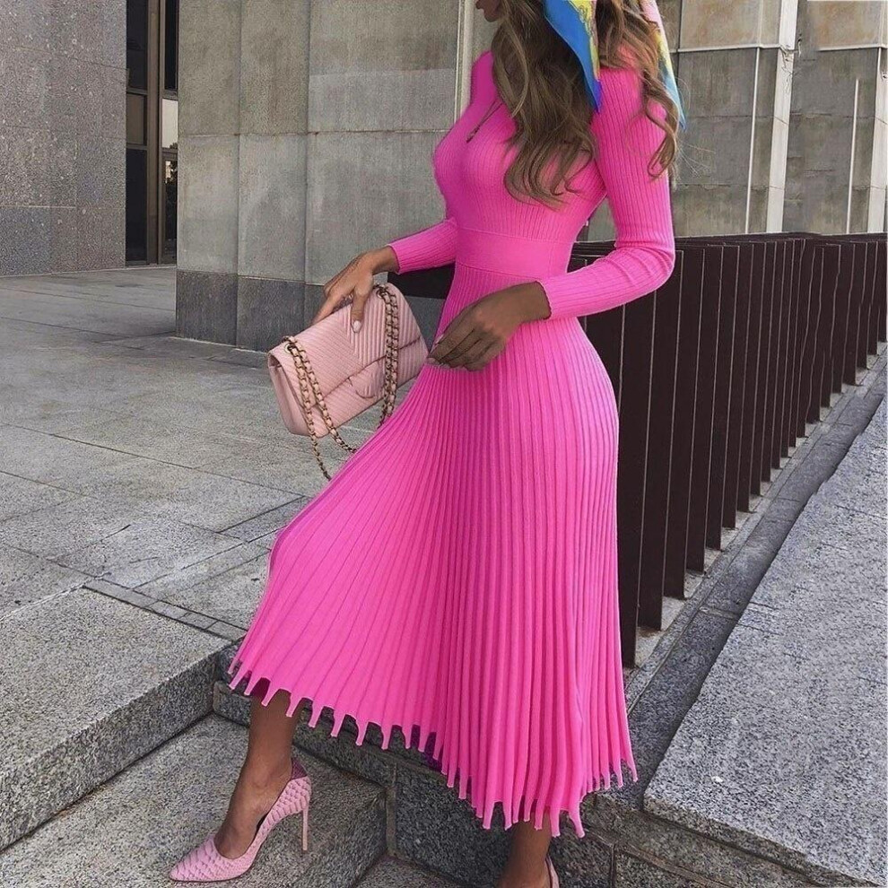 (fuchsia, S) Elegant Party Pleated Sweater Dress Women Winter Autumn Office Ladies Midi Knitted Slim Dresses