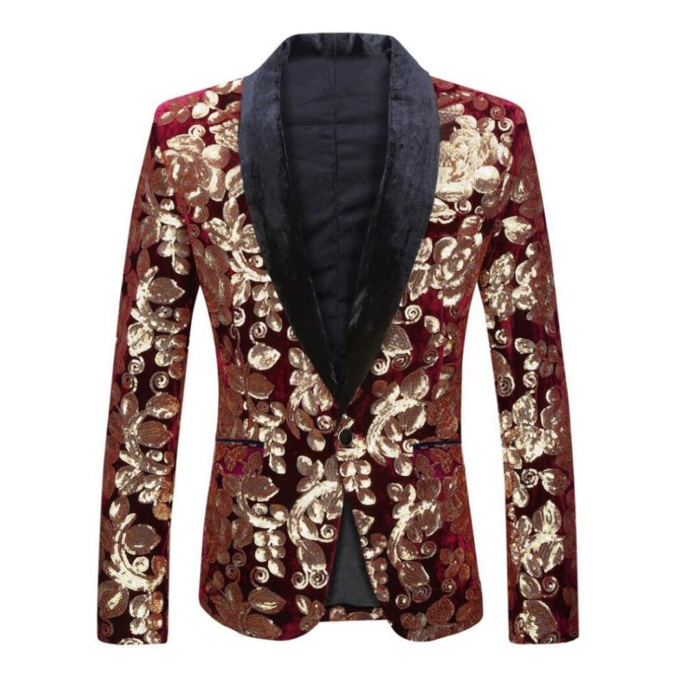 (red,gold, L) Pyjtrl Mens Fashion Golden Shiny Sequin Floral Pattern Suit Jacket Blazer