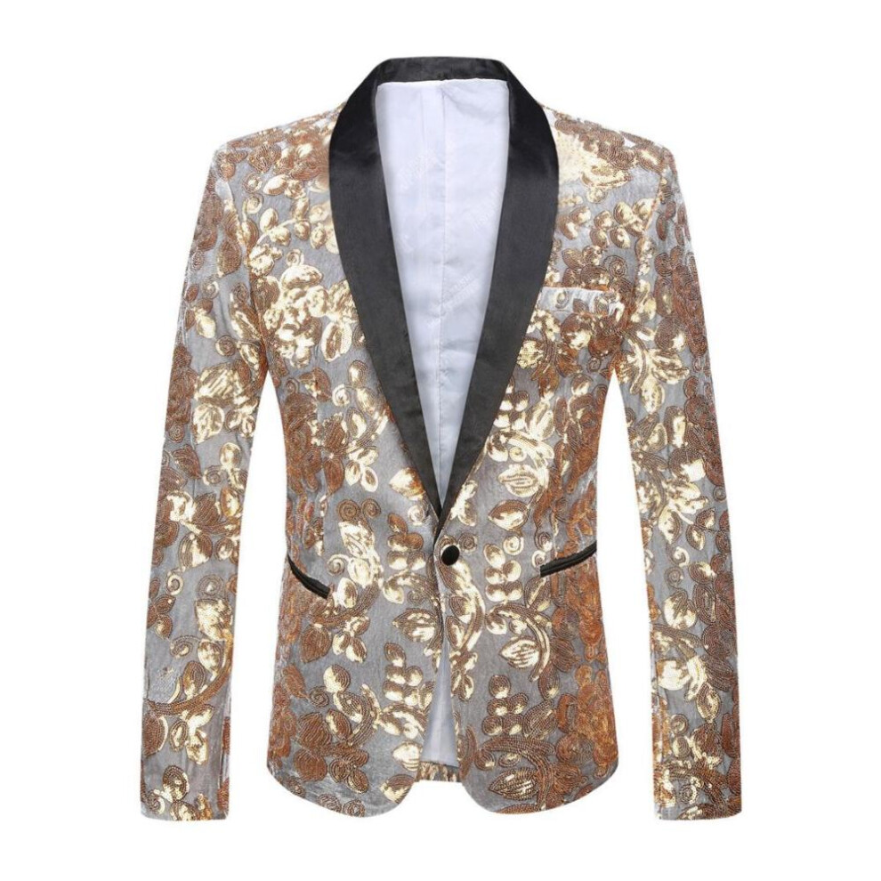 (gray,gold, XS) Pyjtrl Mens Fashion Golden Shiny Sequin Floral Pattern Suit Jacket Blazer