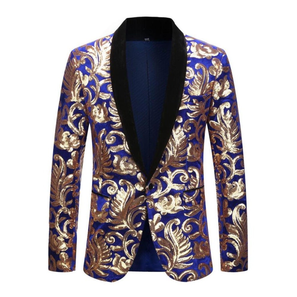 (blue,gold, XL) Pyjtrl Mens Fashion Golden Shiny Sequin Floral Pattern Suit Jacket Blazer