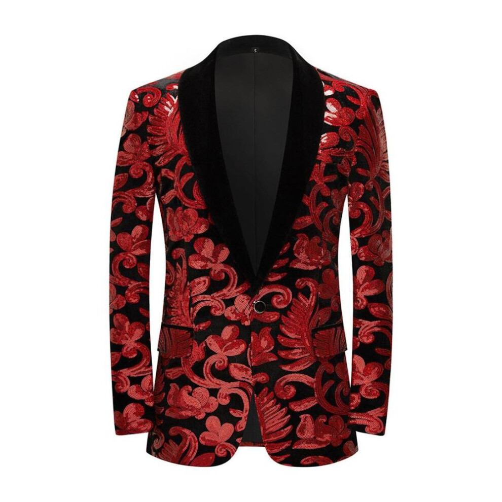 (red, XS) Pyjtrl Mens Fashion Shiny Sequin Floral Pattern Suit Jacket Blazer