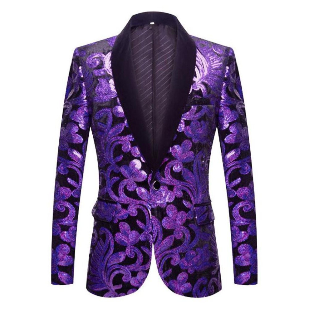 (purple, M) Pyjtrl Mens Fashion Shiny Sequin Floral Pattern Suit Jacket Blazer