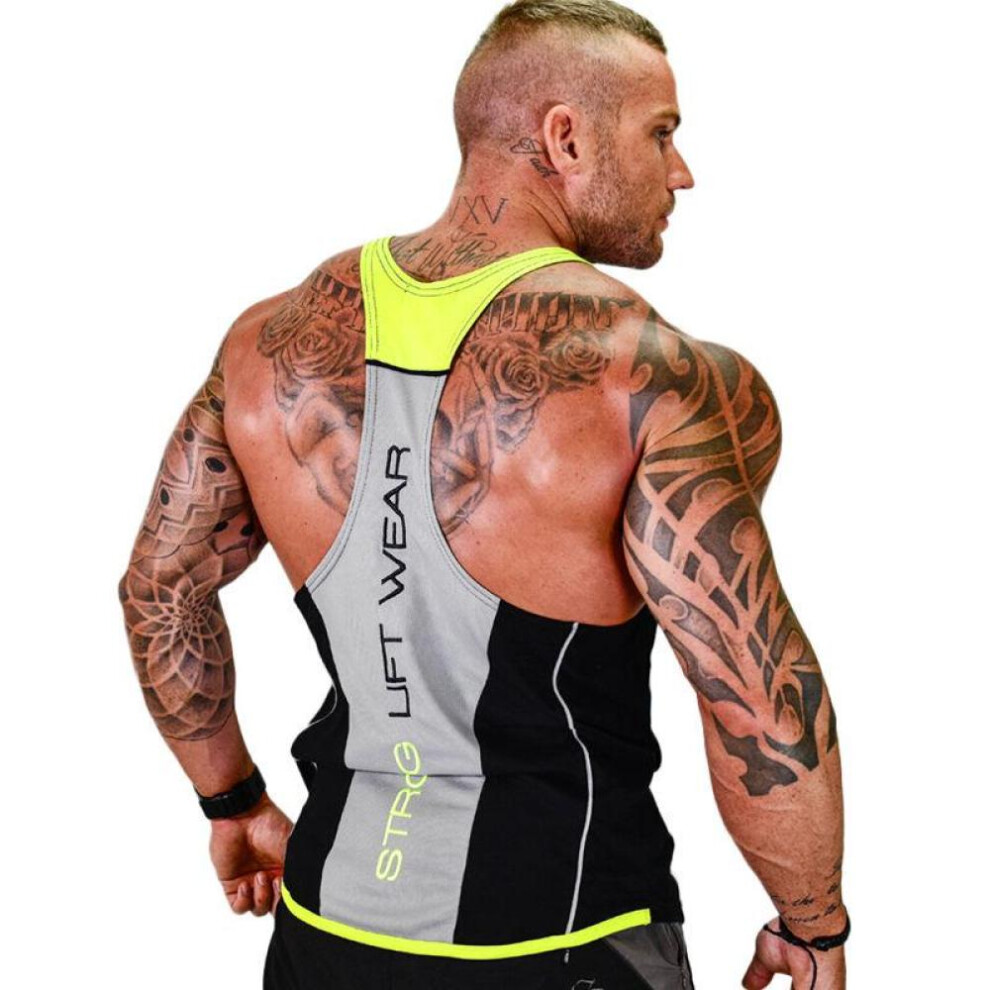 (black,yellow, L) Mens Bodybuilding Tank Tops Gym Fitness Sleeveless Shirt Cotton Casual Singlet Vest