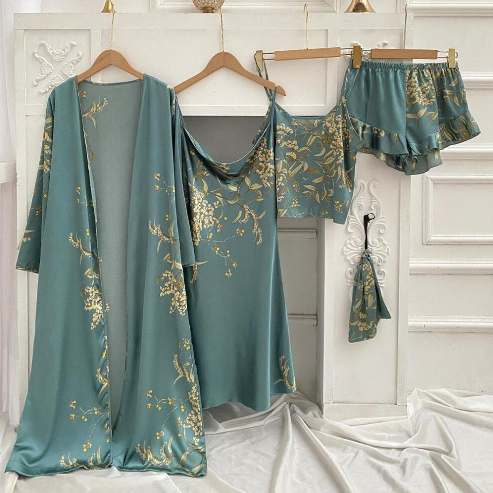 (green, S) Women&apos;s Long Bathrobe Set Silk Spring Autumn Floral Print Ladies Dressing Gown 4 Pieces Set Nightdress Summer Satin Pajama