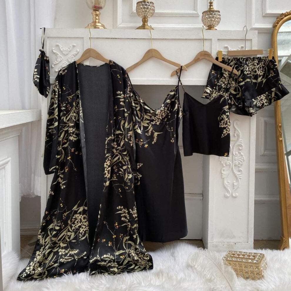 (black, XL) Women&apos;s Long Bathrobe Set Silk Spring Autumn Floral Print Ladies Dressing Gown 4 Pieces Set Nightdress Summer Satin Pajama
