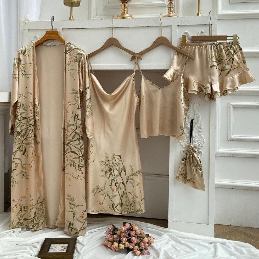 (champagne, L) Women&apos;s Long Bathrobe Set Silk Spring Autumn Floral Print Ladies Dressing Gown 4 Pieces Set Nightdress Summer Satin Pajama