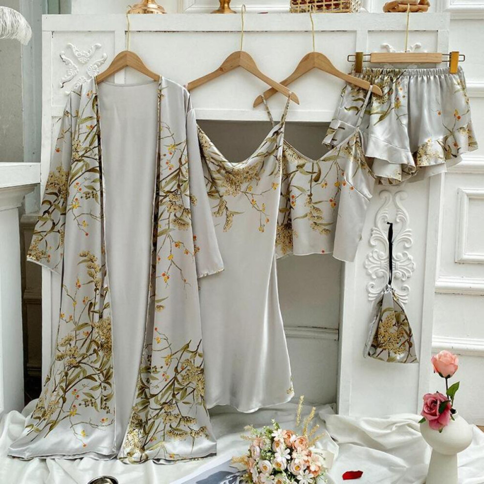 (grey, M) Women&apos;s Long Bathrobe Set Silk Spring Autumn Floral Print Ladies Dressing Gown 4 Pieces Set Nightdress Summer Satin Pajama