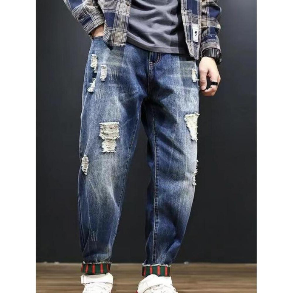 (blue, 42) Plus Size Men's Fashion Ripped Loose Foot Washed Jeans