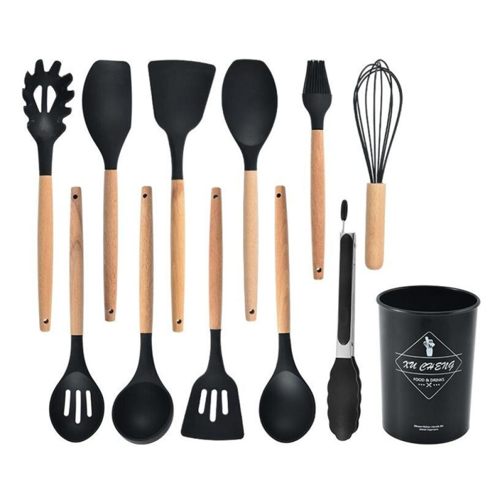 (black, 12pcs (with storage bucket )) Non-stick Silicone Kitchenware Cooking Utensils Set Cookware Spatula Shovel Egg Beaters Wooden Handle Kitchen Cooking Tool Set