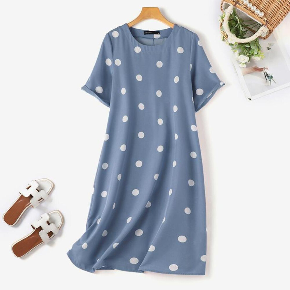 (blue, 5XL) Zanzea Womens Polka Dot Print Casual O-neck Short Sleeve Summer Dress