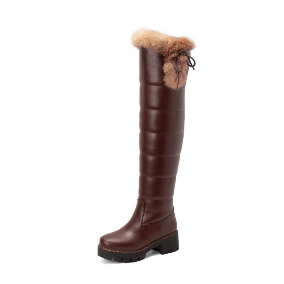 (brown, 35) Women Over-the-knee Boots With Real Rabbit Fur High Boots Woman Winter Snow Boots