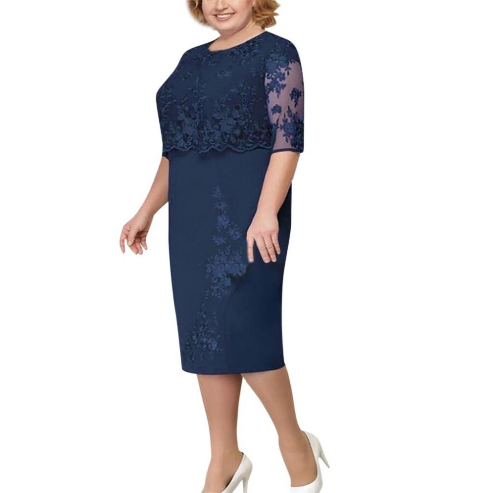 (navy, XXXL) Women Fashion Lace Elegant Mother Of Bride Dress Knee Length Plus Size Dresses