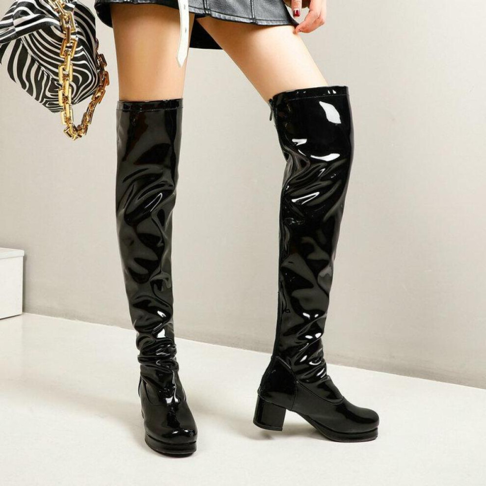 (black, 46) Women Over The Knee High Boots Block Heels Ladies Long Boots Party Women Winter Shoes Plus Size 48