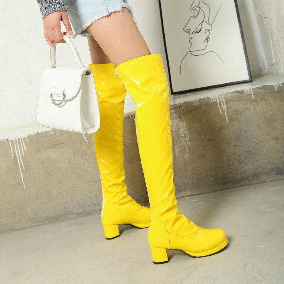 (yellow, 48) Women Over The Knee High Boots Block Heels Ladies Long Boots Party Women Winter Shoes Plus Size 48