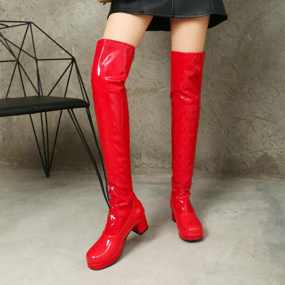 (red, 44) Women Over The Knee High Boots Block Heels Ladies Long Boots Party Women Winter Shoes Plus Size 48