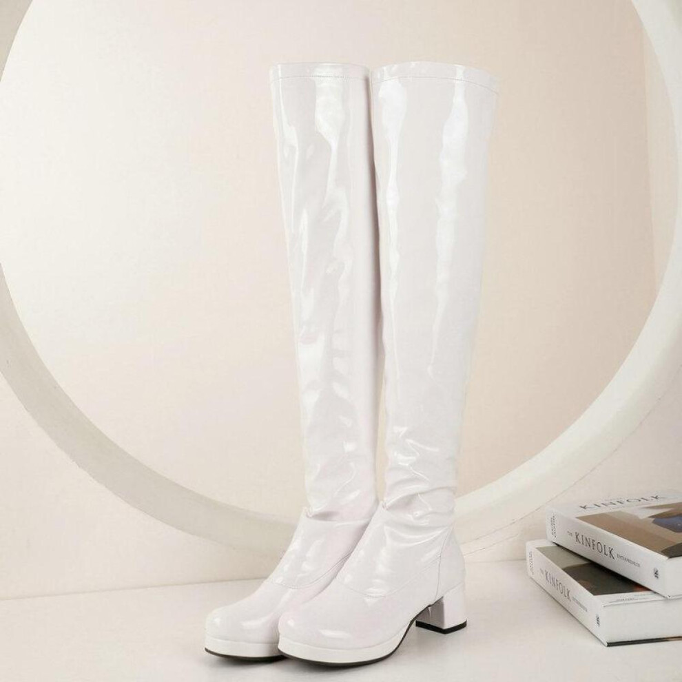 (white, 45) Women Over The Knee High Boots Block Heels Ladies Long Boots Party Women Winter Shoes Plus Size 48