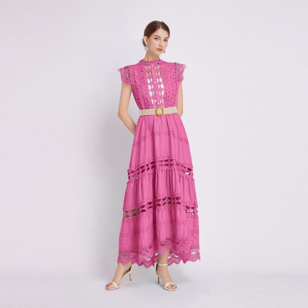 (pink, XL) Summer French Vintage Long Maxi Holiday Dress Hollow Out Embroidery Lace High Quality Women Court Party Dresses