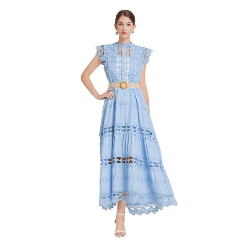 (blue, L) Summer French Vintage Long Maxi Holiday Dress Hollow Out Embroidery Lace High Quality Women Court Party Dresses