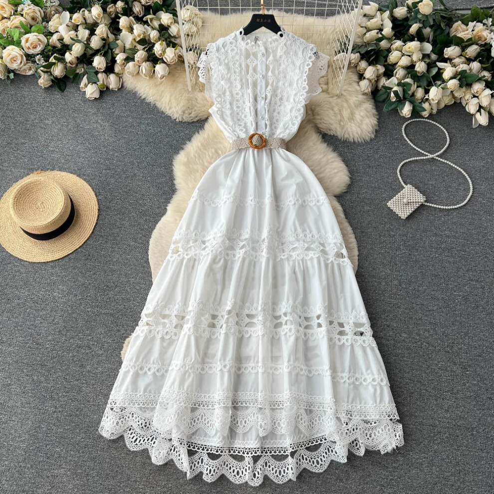 (white, XXL) Summer French Vintage Long Maxi Holiday Dress Hollow Out Embroidery Lace High Quality Women Court Party Dresses
