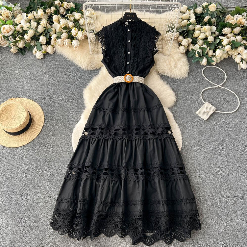 (black, XXL) Summer French Vintage Long Maxi Holiday Dress Hollow Out Embroidery Lace High Quality Women Court Party Dresses