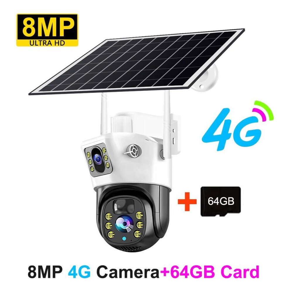 (8MP+64GB Card) 4g Sim Camera Solar 8mp 4k Outdoor Low Powered Video Cam Night Vision Two Way Audio Pir V380 Pro Cctv Ip Camara With Solar Panel