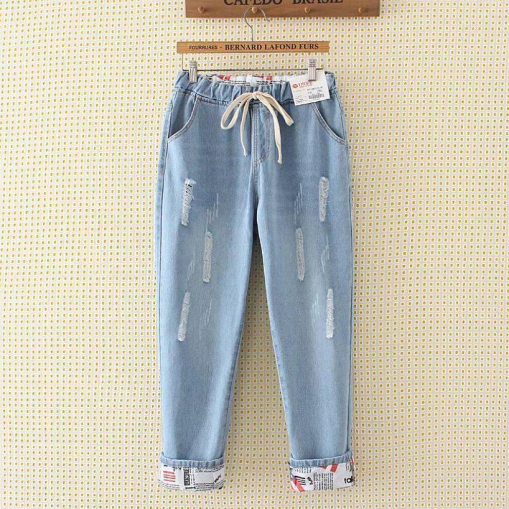 (light blue, 8XL) Women Spring And Autumn Large Size High Waist Casual Trousers Loose Hole Jeans Denim Cropped Pants