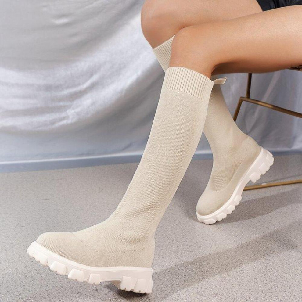 (beige, 39) Winter Women Boots For Women Flyknit Boots Keep Warm Long Boots Low Heels Women Winter Shoes Boots Plus Size 36-43