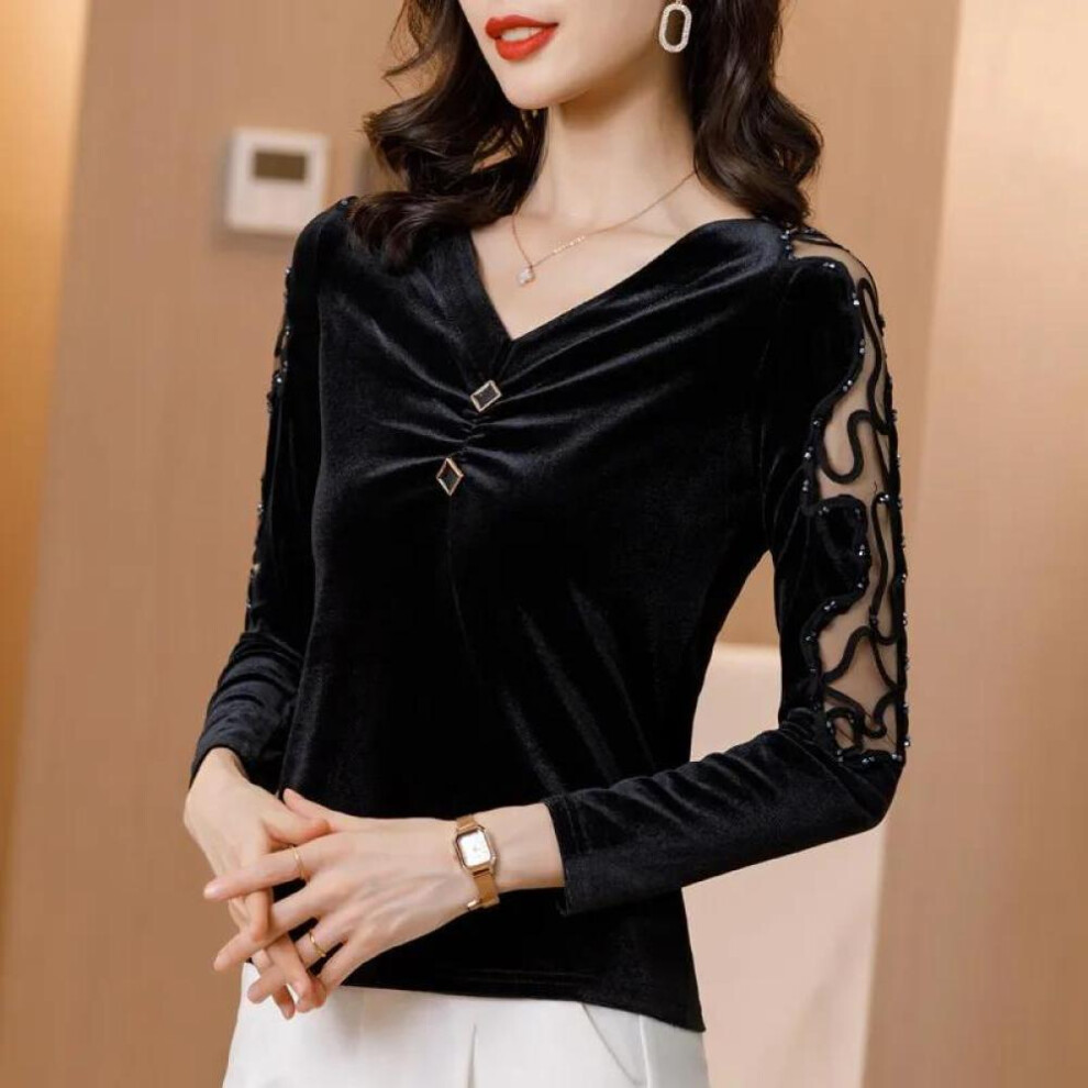 (black, L) Ladies Blouse Pleuche Top Women&apos;s Autumn And Spring Lace Hollow Out V-neck Long Sleeve Pullover