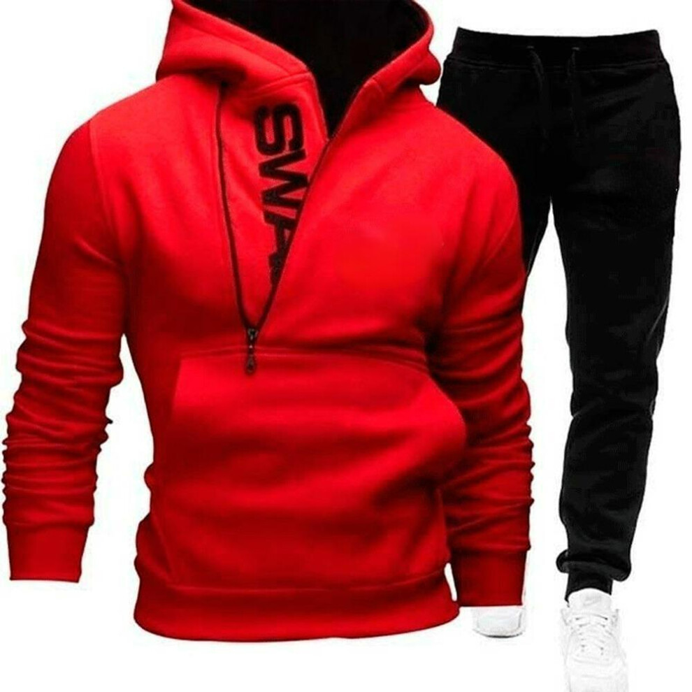 (red, 2XL) 2023 Warm Men Winter Casual Hoodies Suit Half Zipper Pocket Sports Outfit Letter Printed Comfortable Soft Slim Set