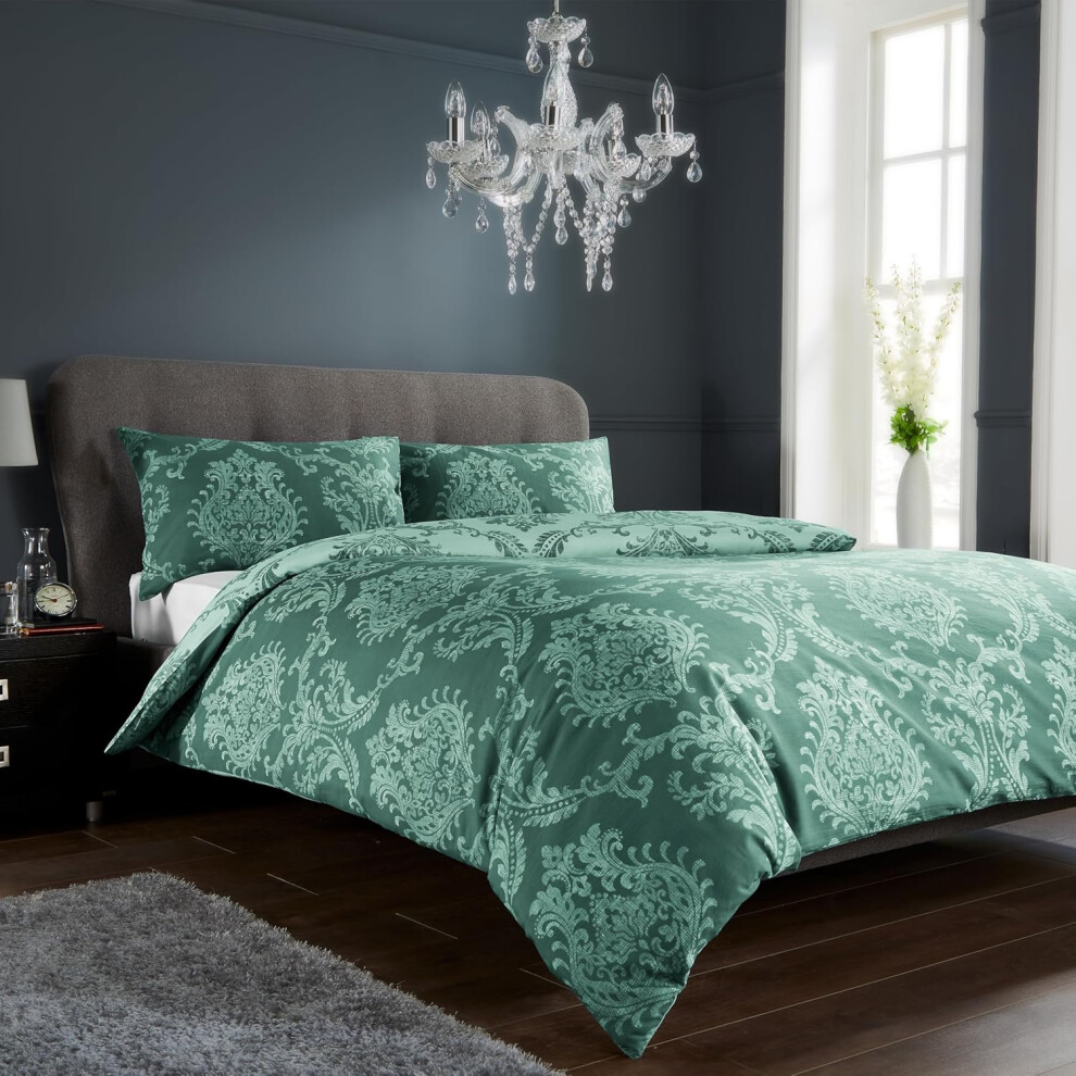 (Super King, Emerald Green) Royal Damask Duvet Cover Set Easy Care Quilt Covers With Pillowcases Cotton Rich Reversible Bedding Bed Linen Sets (Grey, Double)