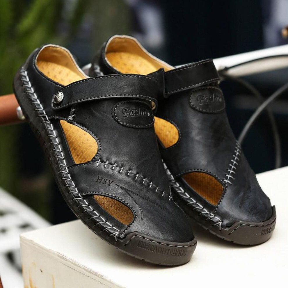(black, 41) Men&apos;s Leather Beach Sandals Casual Slippers