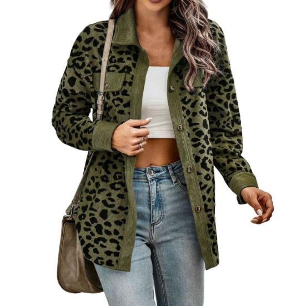 (army green, XL) Women Spring Autumn Thin Shirt Coat Lapel Long Sleeve Single Breasted Leopard Patchwork Color Loose Fit Jacket Outwear