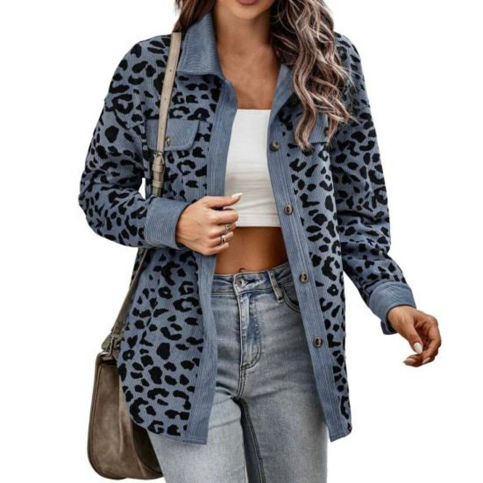 (blue, 3XL) Women Spring Autumn Thin Shirt Coat Lapel Long Sleeve Single Breasted Leopard Patchwork Color Loose Fit Jacket Outwear