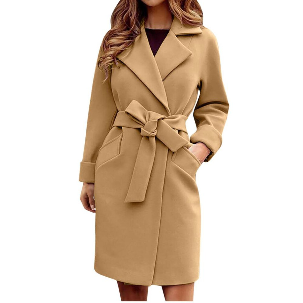 (khaki, XL) Autumn Winter Coats For Women Wool Blend Long Jackets Turn Dowmn Collar Slim Belt Bandage Outerwear Overcoat