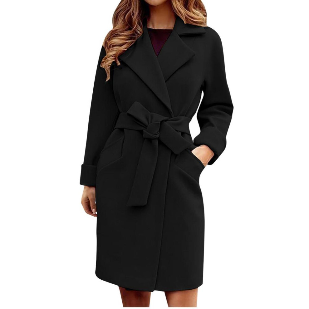 (black, S) Autumn Winter Coats For Women Wool Blend Long Jackets Turn Dowmn Collar Slim Belt Bandage Outerwear Overcoat