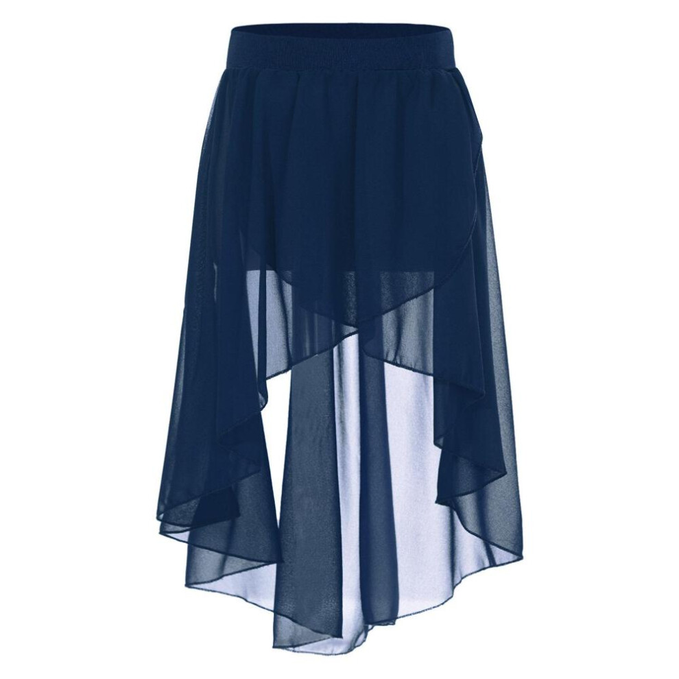 (navy blue, 13-14 Years) Kids Girls High-low Chiffon Skirt Ballroom Latin Salsa Tango Dance Skirt Skate Wrap Scarf Dancewear